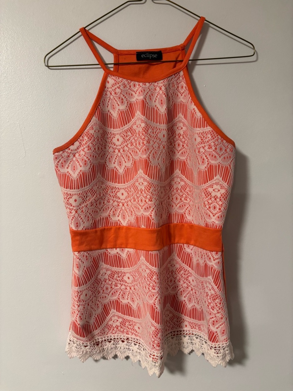Eclipse White Lace Coral Pinky Orange Halter Top Size Medium